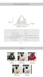 Detailed size chart and multi-color options for rivet pleated dumpling shoulder bag