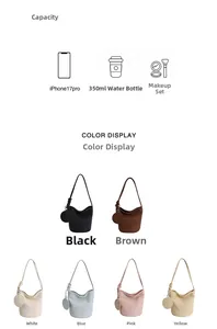 Detailed capacity view of textured leather bucket bag showing six color options and fit