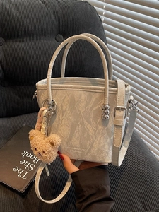 Blue marble texture bucket bag with ring handles and cute teddy bear charm