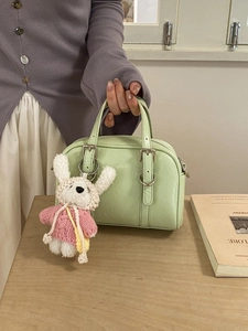 Retro PU Leather Boston Bag For Women Korean Style Glossy Small Crossbody Shoulder Bag With Plush Rabbit Charm