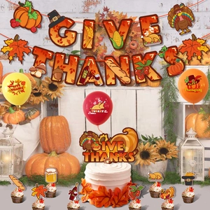 Give Thanks Thanksgiving party decoration set with banners, balloons and cake toppers