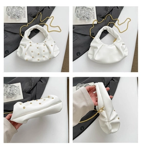 Detailed views of a white pleated cloud bag with gold chain strap and studded accents