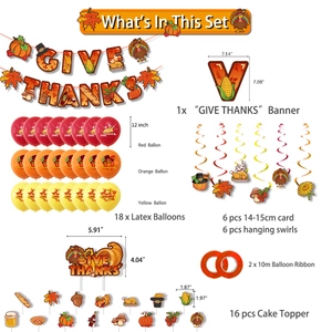 Detailed component list of Give Thanks party kit with banner balloons and cake toppers