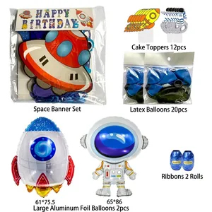 Astronaut and rocket theme birthday party set with banners, balloons and cake toppers