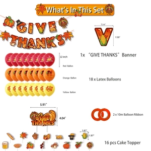 Detailed set of 37 Thanksgiving party supplies including Give Thanks banner and balloons