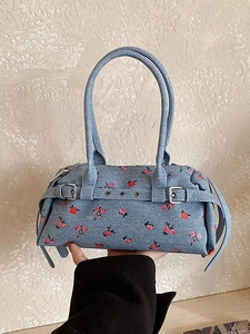 Women Retro Denim Floral Handbag Bowling Boston Shoulder Bag Small Square Zipper Underarm Bag