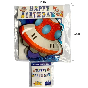 Striscione Happy Birthday a tema astronauta spaziale con razzi e disegni alieni