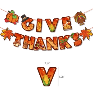 Close-up of Give Thanks banner with pumpkin graphics and size details in inches