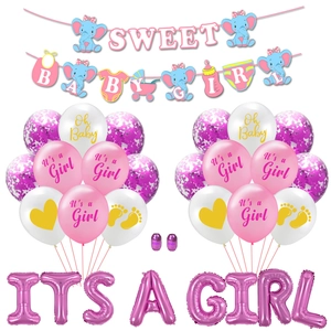 Kit ballons It's a Girl rose avec bannière éléphant et décorations de fête prénatale