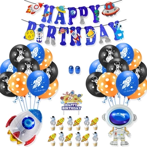 Space Astronaut Rocket Birthday Party Decoration Set Latex Foil Balloons Happy Birthday Banner Cake Topper Party Supplies