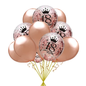 Set of 10 rose gold and confetti balloons for 18th birthday party with crown design