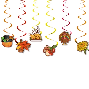 Close-up of Thanksgiving hanging swirls with pumpkin turkey and maple leaf decorations