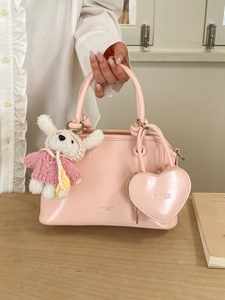 Women Fashion PU Leather Shell Handbag With Plush Rabbit Heart Pendant Korean Style Crossbody Shoulder Bag For Daily Dating