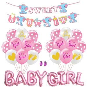 Set decorazioni baby shower bimba con striscioni, palloncini e motivi elefante rosa e bianco