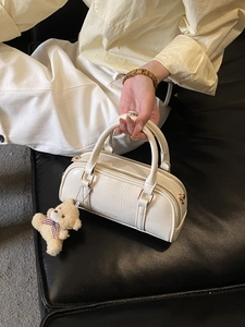 Fashion PU Leather Boston Bag For Women Elegant Small Top Handle Handbag Versatile Crossbody Shoulder Bag With Bear Charm