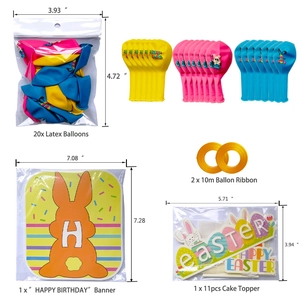 Easter party decoration set with colorful balloons, bunny banners and cake toppers