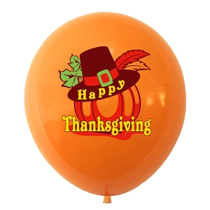 Close-up of orange Thanksgiving balloon with pumpkin pilgrim hat and feather prints