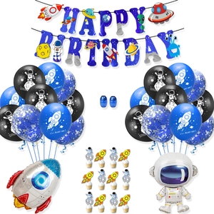Detailed astronaut and rocket themed birthday party set with banners and balloons