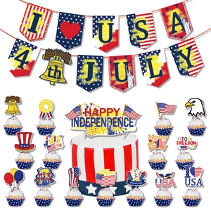 Independence Day party decorations set with 4th of July banners and cake toppers