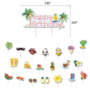 Tropical Hawaii party cake toppers set with flamingo pineapple and Happy Birthday banner