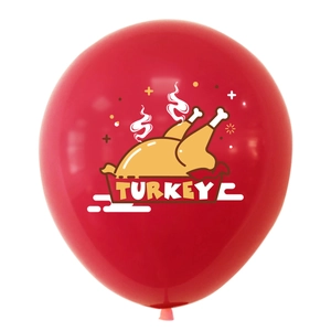 Detail of red Thanksgiving latex balloon featuring cartoon roasted turkey and TURKEY text