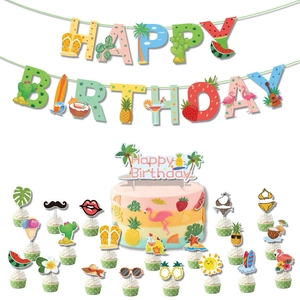 Tropical summer fruit party decoration set with birthday banner and colorful cake toppers