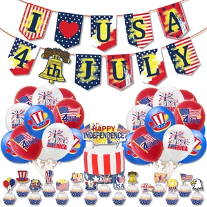 Complete 4th of July party decoration set with USA flags, balloons and cake toppers