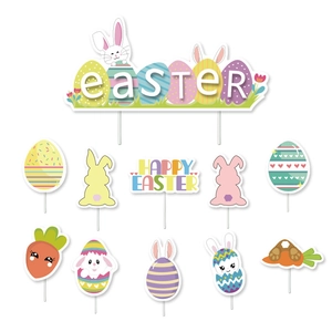 Detailed set of Easter cake toppers featuring colorful rabbits, eggs and carrots