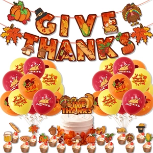 Detailed Thanksgiving party set with Give Thanks banner, printed balloons and cake toppers