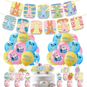 Happy Easter Party Decoration Set Rabbit Bunny Pattern Banner Latex Balloon Cake Topper For Home Festival Celebration Party Supplies