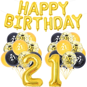 Set dettagliato di palloncini 21 anni oro con lattice nero e accenti di coriandoli