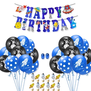 Space theme birthday decoration set with Happy Birthday banner and astronaut latex balloons
