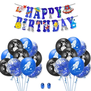 Space birthday party decoration set with rocket banners and astronaut latex balloons