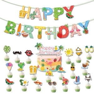 Tropical Fruit Birthday Party Decoration Set Summer Hawaiian Theme Banner Watermelon Pineapple Cactus Flamingo Cake Toppers