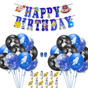 Space birthday party kit with astronaut banners, latex balloons and cake toppers