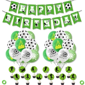Soccer theme birthday party set with Happy Birthday banner, balloons, and cake toppers