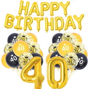Dettaglio del kit palloncini 40° compleanno con numero 40 oro e scritta happy birthday