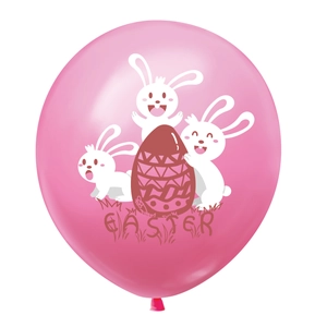 Pink latex Easter balloon featuring white cartoon bunnies and red decorative egg design