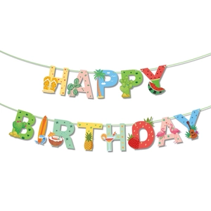 Tropical Hawaiian fruit theme Happy Birthday banner with watermelon and pineapple design