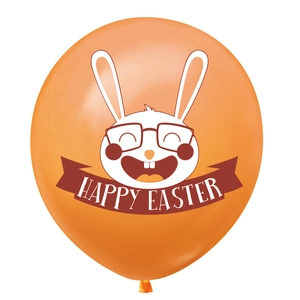 Detailed view of an orange Easter balloon with a white rabbit and Happy Easter text