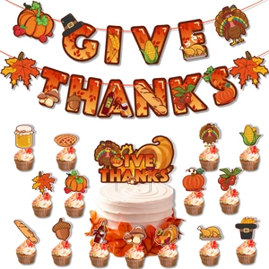 Give Thanks Thanksgiving party decoration set with banner and turkey pumpkin cake toppers