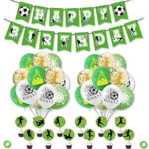 Soccer themed birthday party decoration set with green balloons and cake toppers