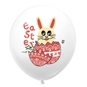Detailed view of white Easter latex balloon featuring a cute bunny hatching from a red egg