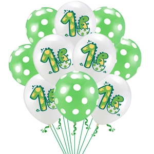 Close-up of green polka dot and cartoon dinosaur latex balloons for first birthday party