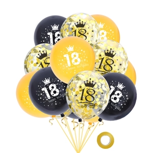18th Birthday balloon set with black gold confetti balloons and gold ribbons