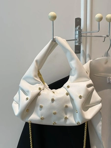 White pleated leather handbag with gold studs and a metallic chain strap for women