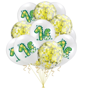 Dinosaur 1st birthday balloons set with white printed and gold confetti designs