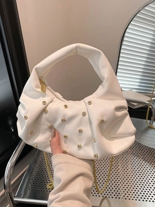 White ruched cloud handbag with studded crystals and elegant gold chain strap