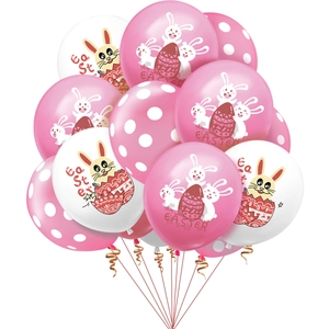 Easter party balloon set with pink white bunny prints and gold swirls on white background