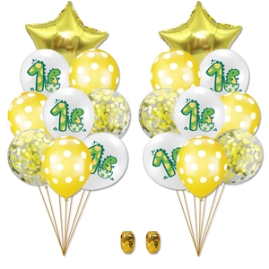 Detailed set of 1st birthday balloons with gold stars, dinosaur theme and confetti